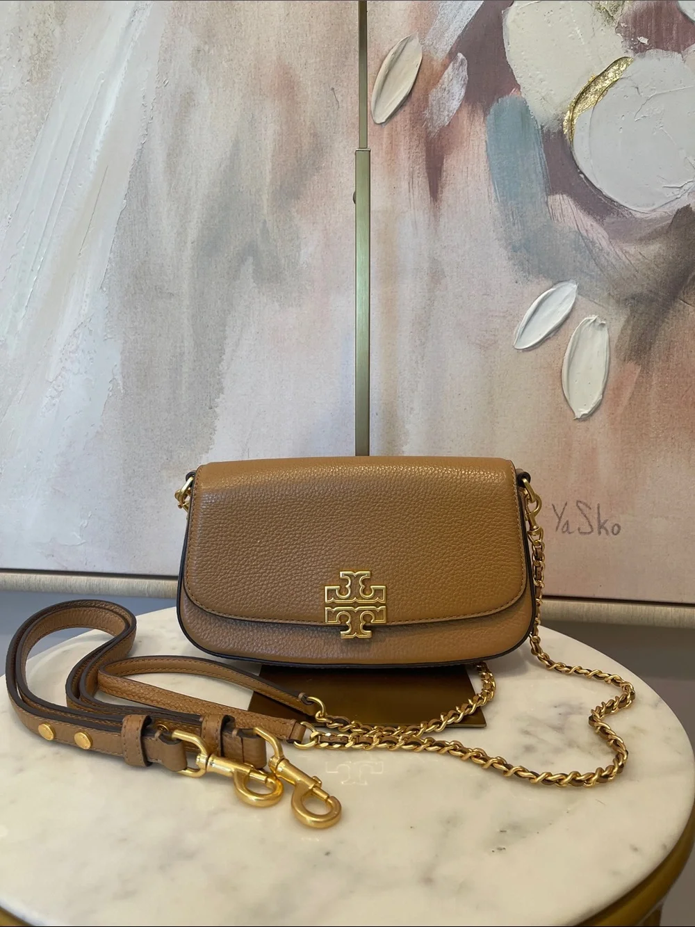 Tory Burch Britten Pebbled Leather Crossbody in Tan with Gold Hardware